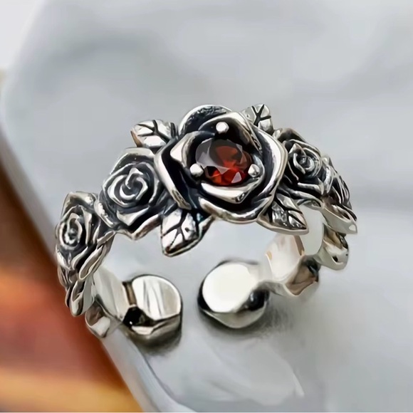 Silver Floral Ring with Red Gemstone. - Picture 1 of 6